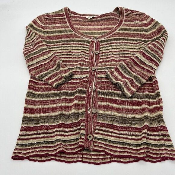 J Jill Cardigan Sweater Medium Linen Blend 3/4 Sleeve Stripe Scoop Neck - Picture 1 of 5